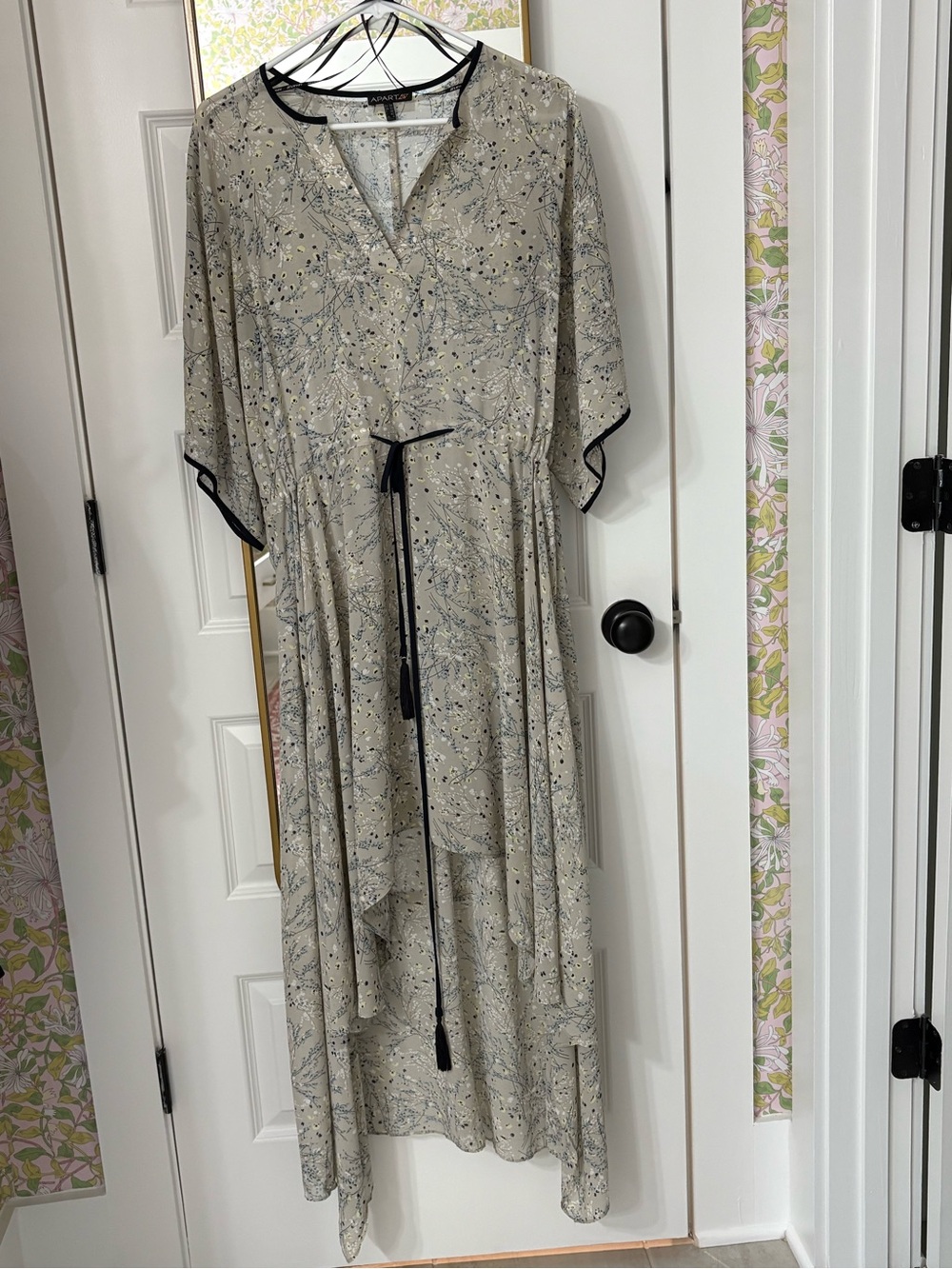 Neutral Floral High-Low Midi Dress with Black Trim